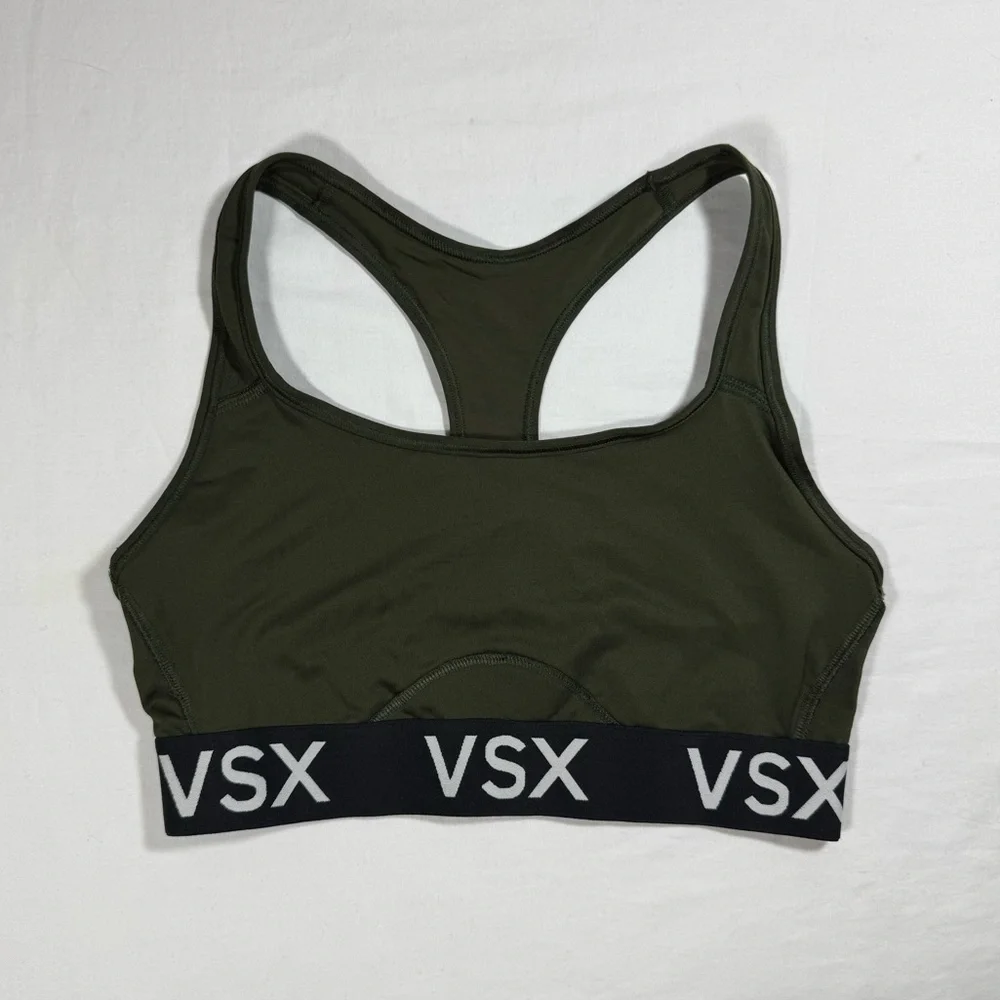 Victoria's Secret VSX Sport Racerback Sports Bra Olive Green Logo Band Medium